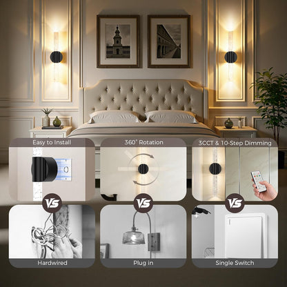 Peel and Stick on Battery Operated Wall Sconces Set of 2, Gold Wireless Magnetic Rechargeable Wall Lights with Remote & Touch Control, No Drill 3CCT Dimmable Wall Lamp for Bedroom Living Room Decor