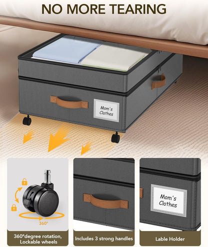 Under Bed Storage with Wheels, 10 inches Under Bed Storage Containers, 65L XXL Large Adjustable Underbed with Lids, Rolling Underbed Storage bins for Shoes, Clothes, Blankets, White