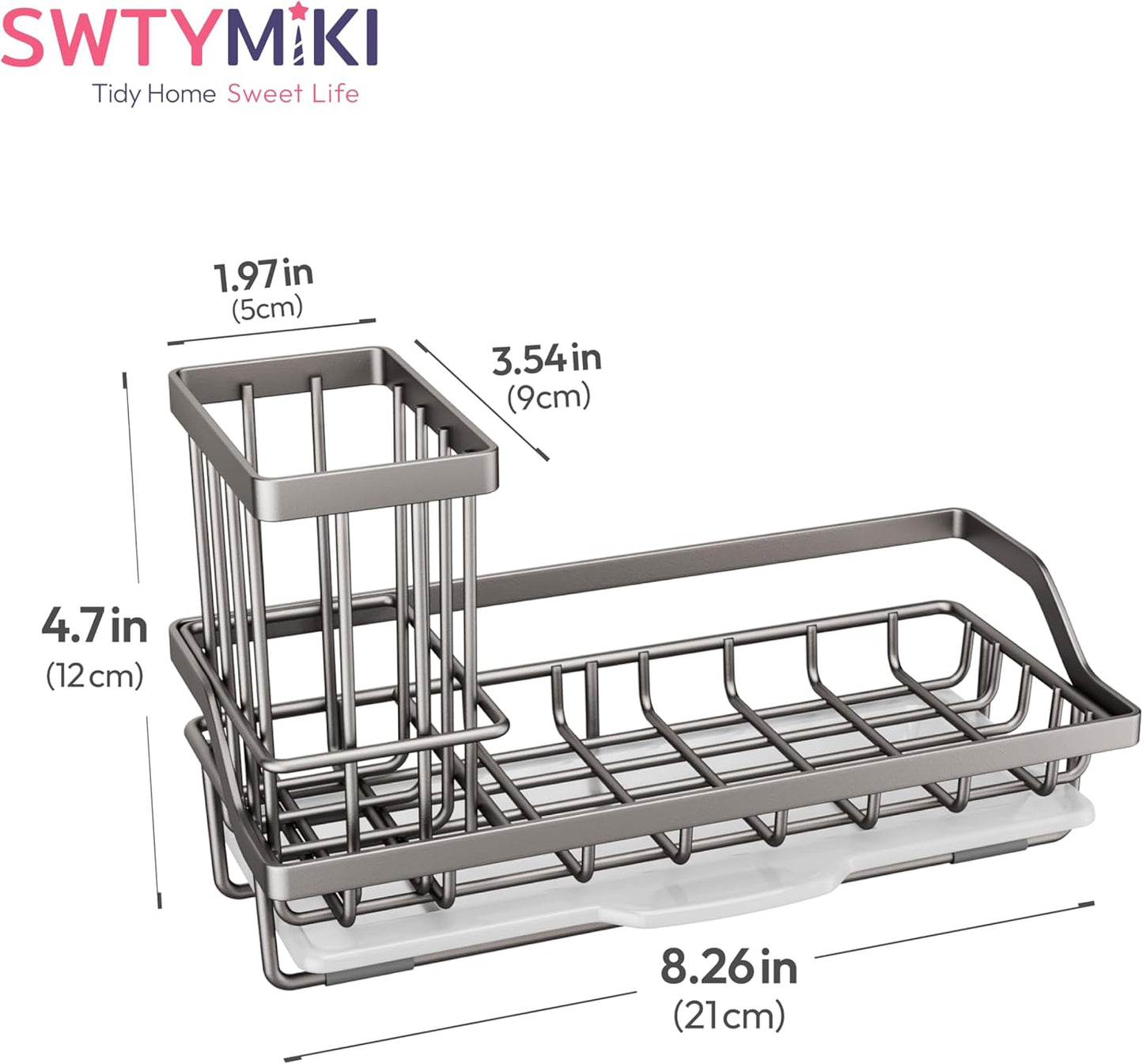 SWTYMIKI Sink Caddy Sponge Holder - Kitchen Sink Organizer with High Brush Holder for Countertop to Hold Dish Soaps and Sponges, Stainless Steel, Black