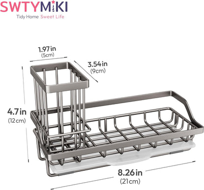 SWTYMIKI Sink Caddy Sponge Holder - Kitchen Sink Organizer with High Brush Holder for Countertop to Hold Dish Soaps and Sponges, Stainless Steel, Black