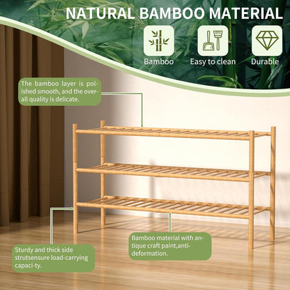 ROMGUAR CRAFT 3 Tier Bamboo Shoe Rack for Closet Free Standing Wood Shoe Shelf Storage Organizer for Entryway Small Space Stackable 27"x11"x20" (Natural)