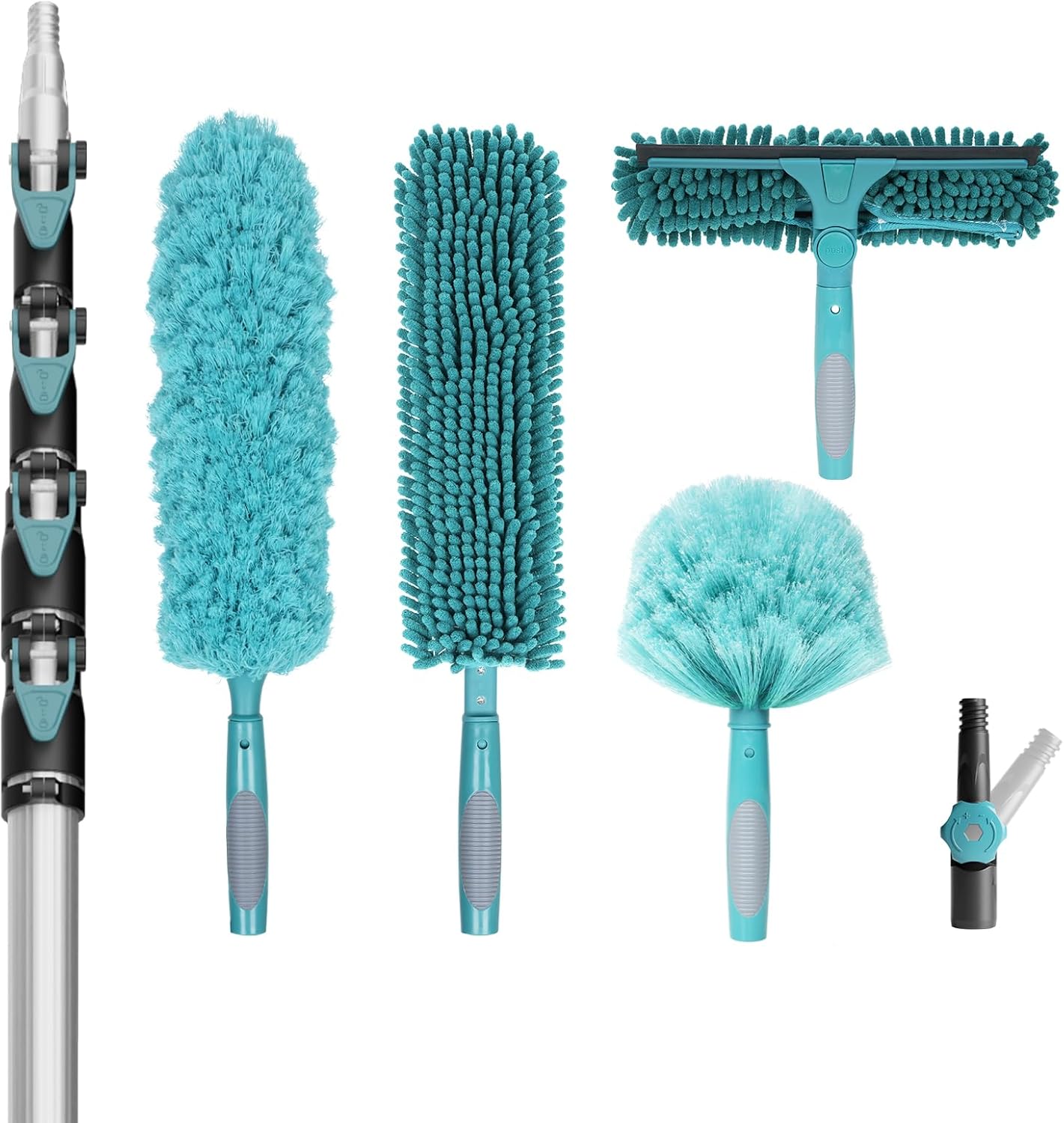 TelesPro 20 Foot High Reach Duster Kit with 5-12FT Extension Pole High Ceiling Dusting and Window Cleaning Kit with Telescopic Pole Window Washer&Squeegee,Cobweb Duster,Fan Duster and Feather Duster