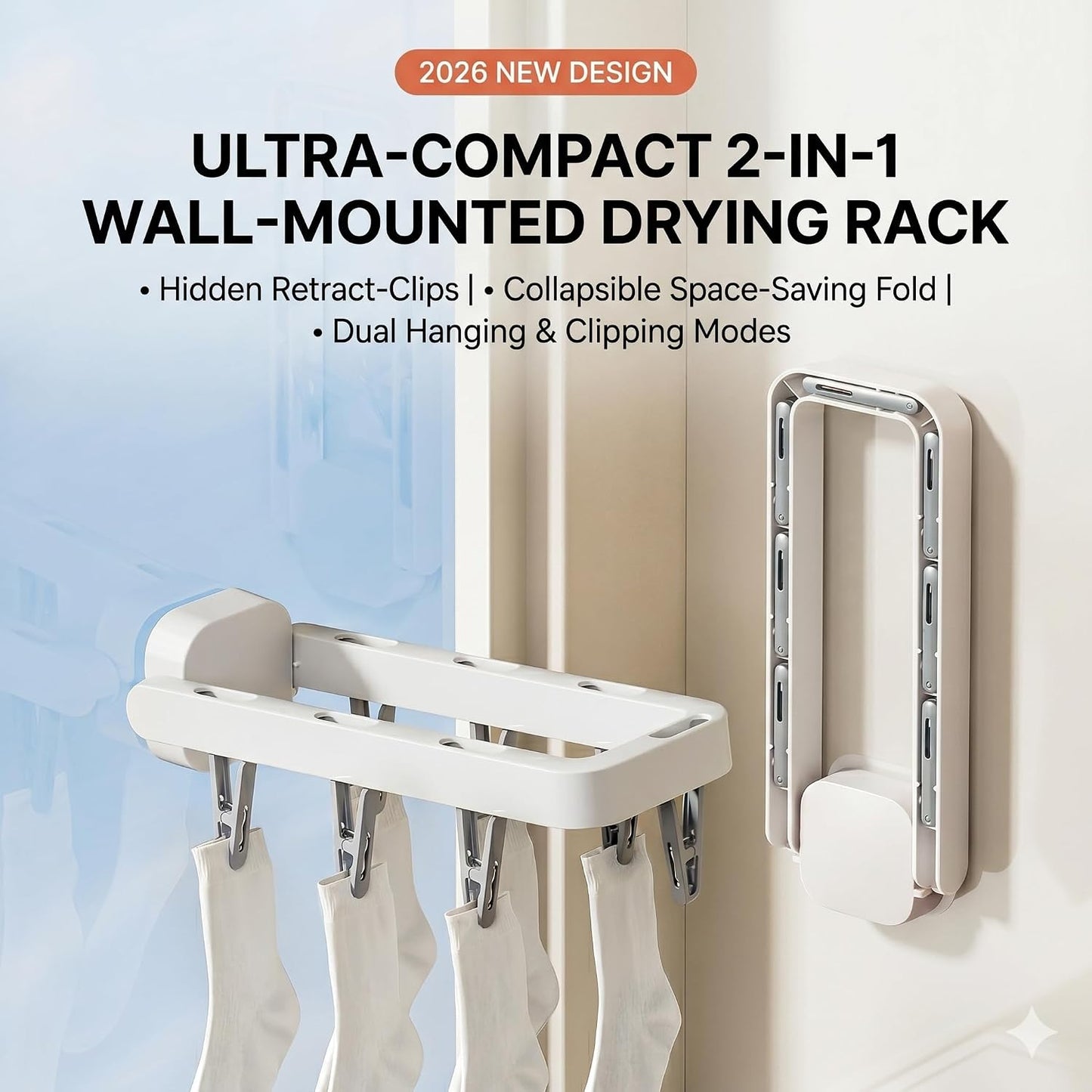 Foldable Wall Mounted Drying Rack with 7 Hidden Clips, Punch-Free Adhesive Sock & Underwear Hanger, Collapsible Space-Saving Laundry Rack for Bathroom, Balcony & Washstand, Holds 11 lbs (White-1 Pcs)