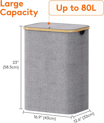 Lifewit 120L Laundry Basket with Lid, Clothes Hampers for Laundry with Bamboo Handles and 2 Removable Bag, Large Foldable Laundry Hamper for Bedroom, Bathroom, Dorm, Laundry Room, Beige