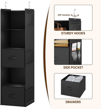 YOUDENOVA Hanging Closet Organizer, 5 Tier Hanging Closet Shelves with 6 Side Pockets and 2 Drawers, Black