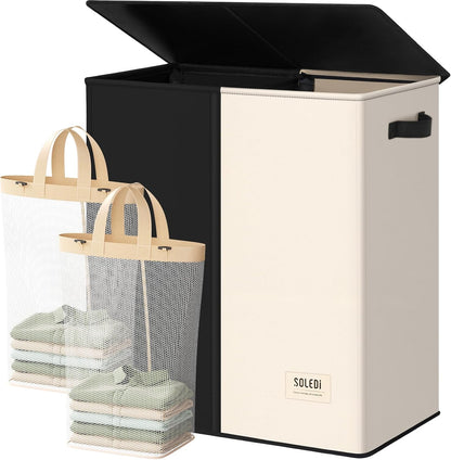 SOLEDI Luxury Double Laundry Hamper with Lid and Removable Bags, 38.3 Gal Large Laundry Bin, Laundry Basket 2 Sections, Collapsible Clothes Hamper for Bedroom, Laundry Room, Bathroom, Off-white