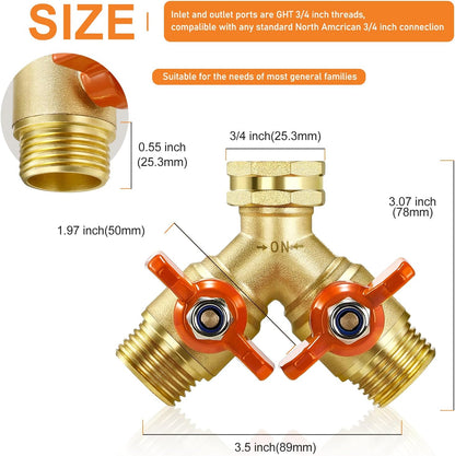 IPOW Upgrade Full Flow Garden Hose Splitter with Stainless Steel Handle, Brass Heavy Duty 2 Way Y Valve Garden Hose Splitter High Flow Spigot Splitter + 6 Rubber Hose Washers with Comfort Grip Use