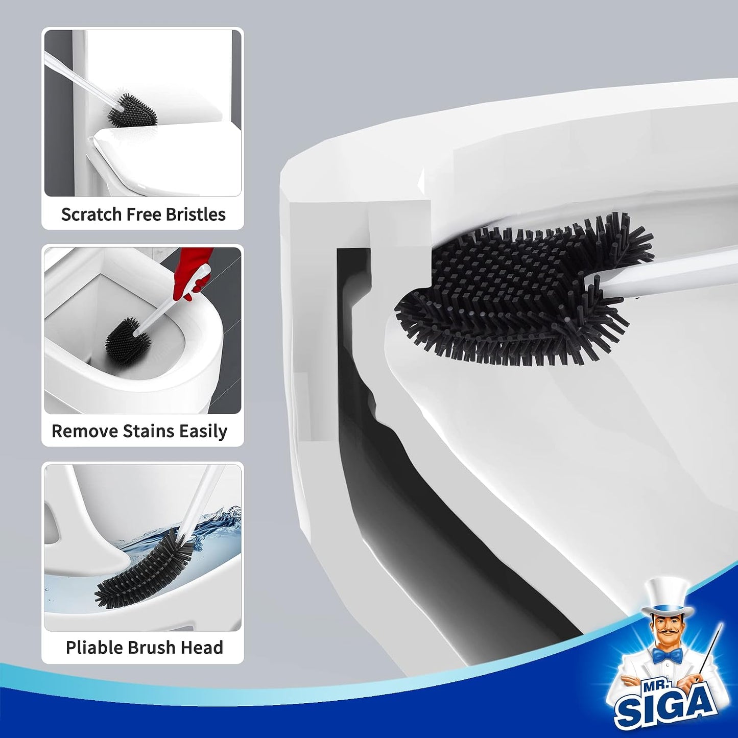 MR.SIGA Toilet Bowl Brush and Holder, Durable and Flexible Bristles, Wall Mounted Toilet Brush for Bathroom Cleaning, Black, 1 Pack