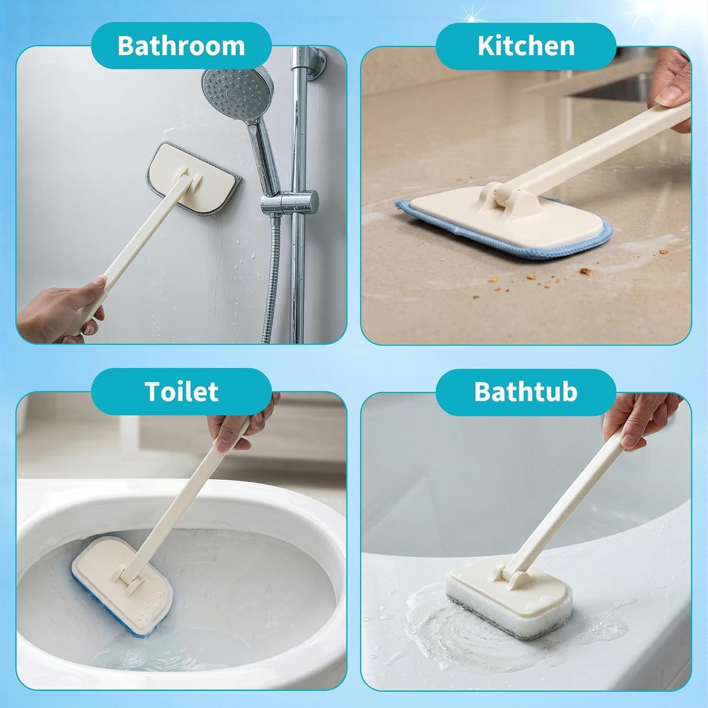 Tub Brush Scrubber with Long Handle, Durable Tub Scrubber with 4 Versatile Cleaning Heads, No-Scratch, Powerful Deep-Clean Tile Scrubbers, for Shower Bathroom Kitchen Bathtub Toilet