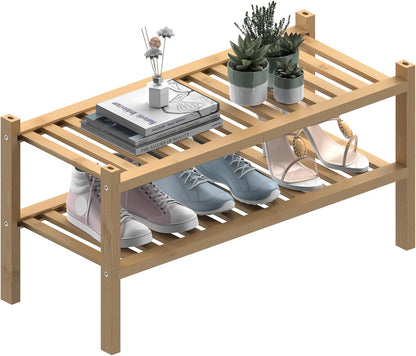 ROMGUAR CRAFT 3 Tier Bamboo Shoe Rack for Closet Free Standing Wood Shoe Shelf Storage Organizer for Entryway Small Space Stackable 27"x11"x20" (Natural)