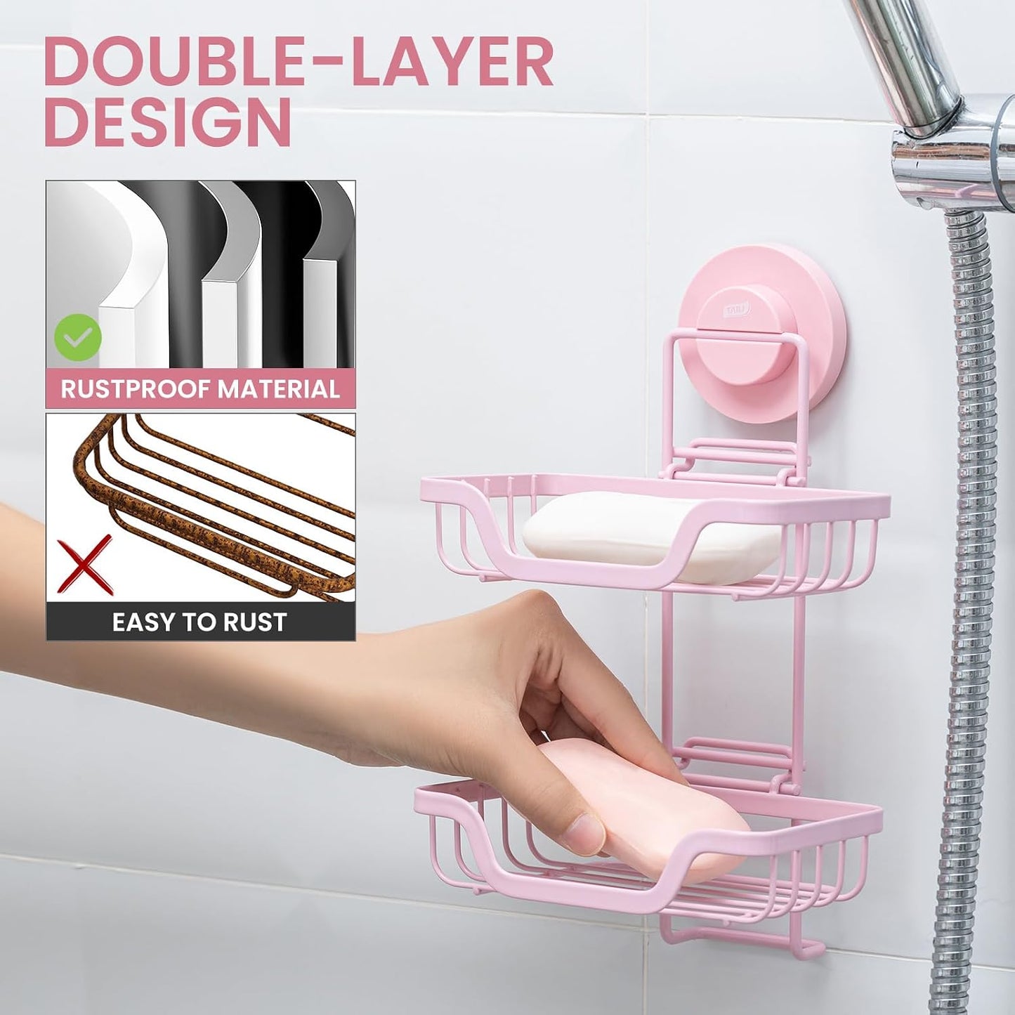 TAILI Soap Holder for Shower – Suction Cup Bar Soap Dish with Hooks, Rustproof Stainless Steel, Self-Draining Sponge Holder with Razor Holder for Bathroom & Kitchen, Black