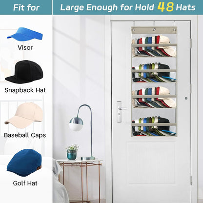 AOODA Clear Over the Door Hat Racks for Baseball Caps, Large Holds up to 72 Caps Hat Storage Organizer for Closet Wall, Deep Pockets Hanging Snapback Holder Shelves with 3 Hooks, White