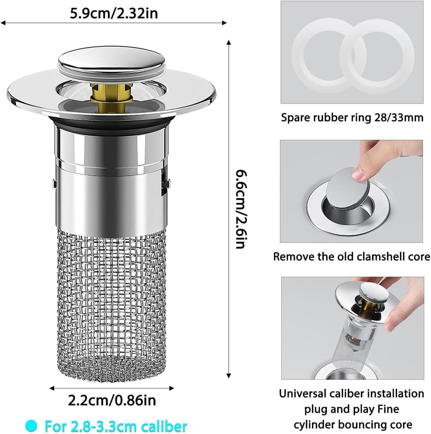 Bathroom Sink Stopper, Stainless Steel Removable Drain Strainer, Hair Catcher Basket, Bathroom Sink Plug Replacement