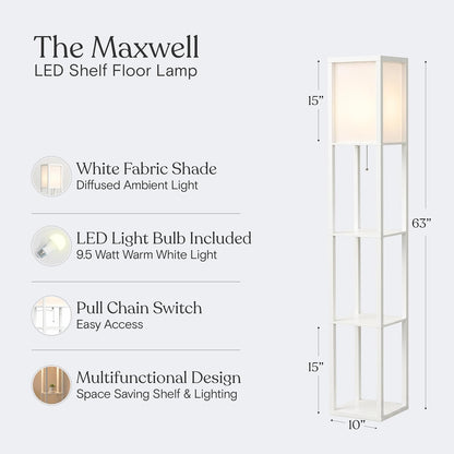 Brightech Maxwell - Modern Shelf Floor Lamp with Lamp Shade & Warm White LED Bulb, Corner Display Floor Lamp with Shelves for Living Room, Bedroom, Nightstand Office, Home Decor Storage - Natural Wood