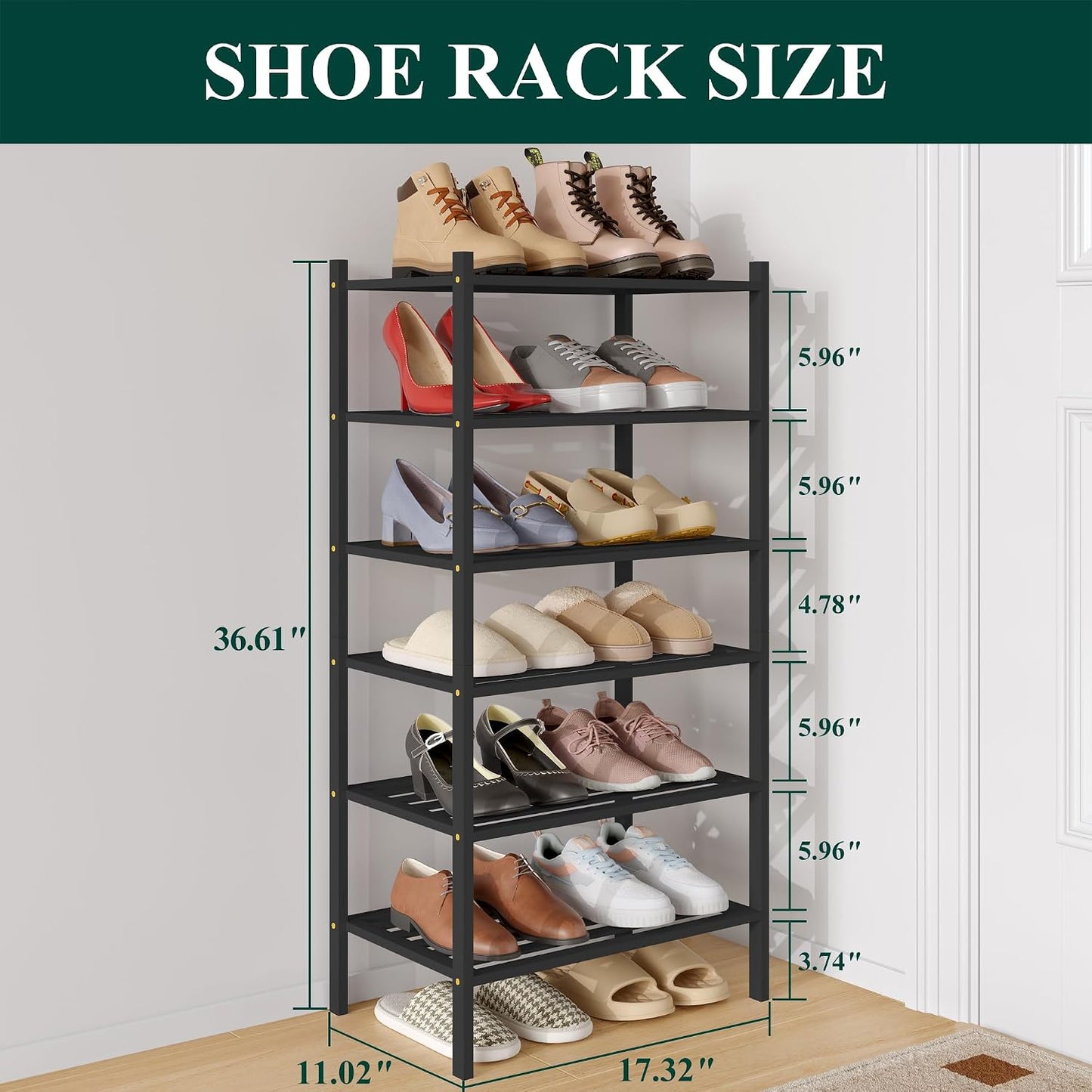 Smiry Bamboo Shoe Rack, 3 Tier Free Standing Wooden Shoe Organizer, Stackable Wood Shoe Storage Shelf for Closet, Entryway, 5 Horizontal Slats, 26.8"x11"x18.3", Natural