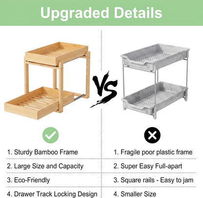 Bamboo Under Sink Organizer and Storage, 2 Pack Pull Out Cabinet Organization, 2 Tier Vertical Slide Out Undersink Storage Shelf, Multi-Purpose Organizer Shelves for Kitchen Bathroom Medicine