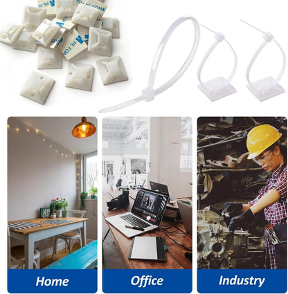 Strong Back-Glue Self Adhesive Cable Zip Tie Mounts Kit - 50 Set Cable Management Clips with 6" Zip Ties, Wire Holders - Outdoor Sticky Wire Organizer Clips-White