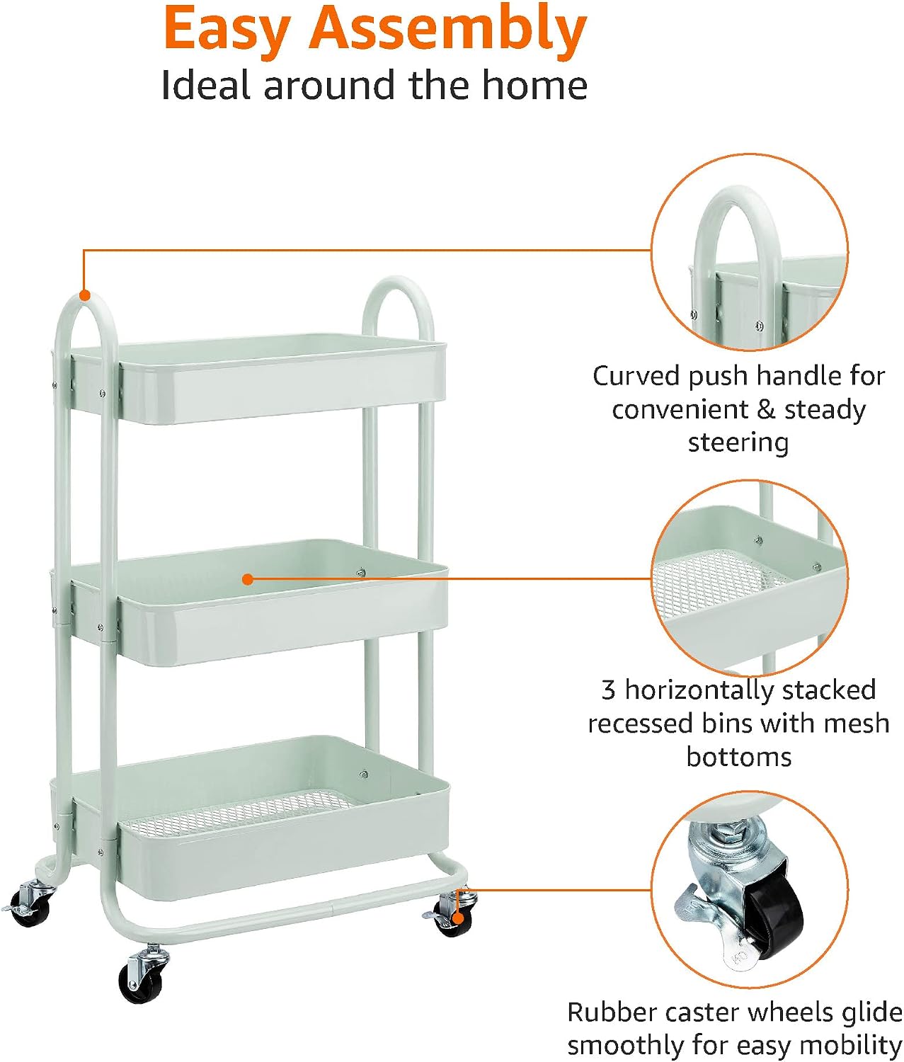 Amazon Basics 3-Tier Rolling Utility Cart, Storage Organizer, Lockable Wheels, Multifunctional Storage, Portable Mobile Shelving Unit, White