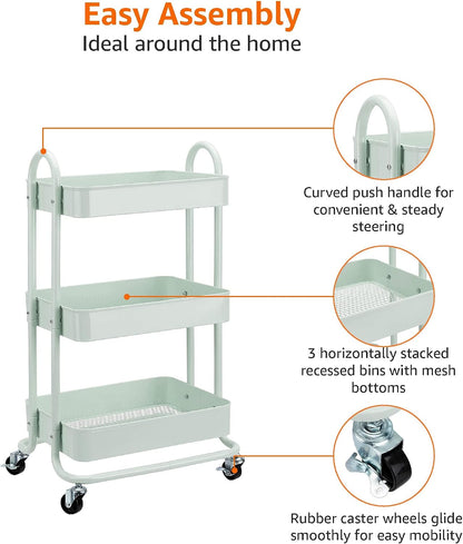 Amazon Basics 3-Tier Rolling Utility Cart, Storage Organizer, Lockable Wheels, Multifunctional Storage, Portable Mobile Shelving Unit, White
