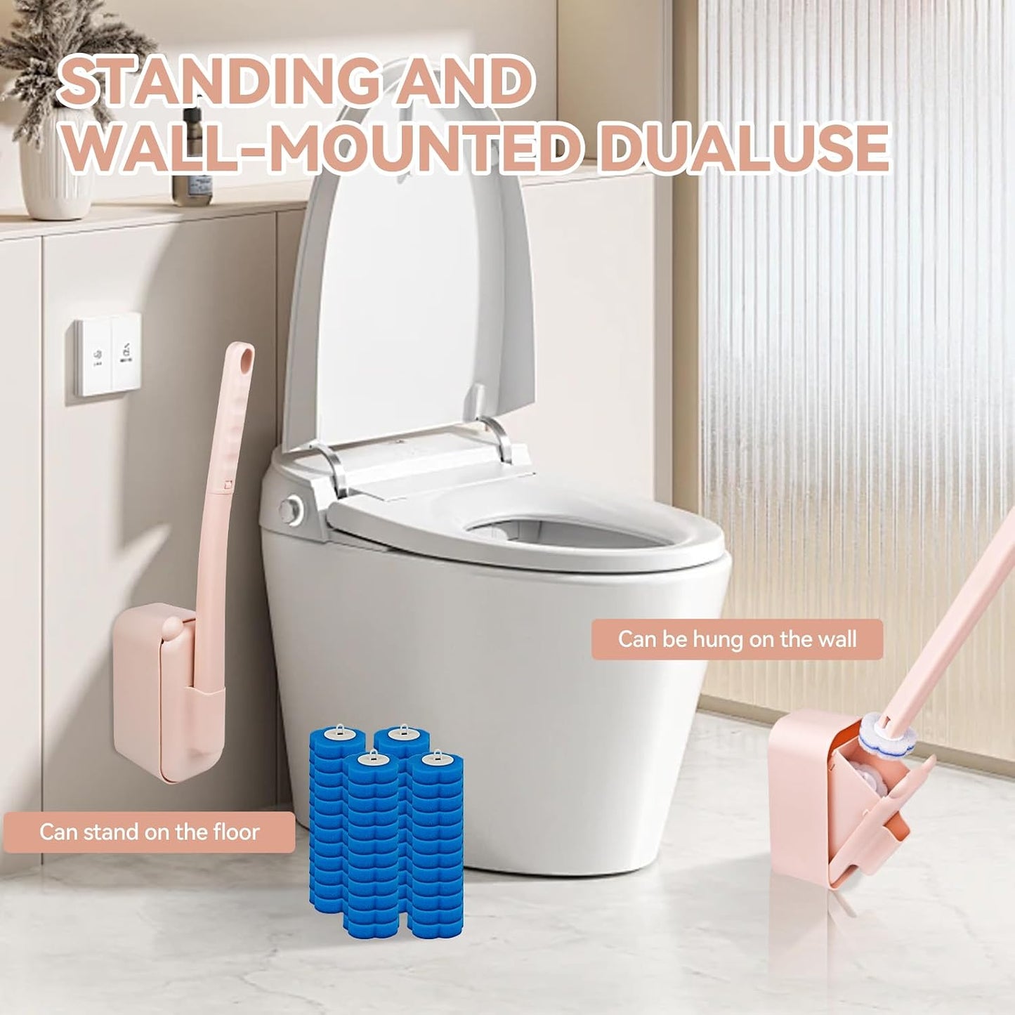 Disposable Toilet Brush with 48 Refills,Toilet Cleaning Supplies,Toilet Wand Brush Starter Kit,Wall Mounted Toilet Bowl Cleaner Brush with Holder for Bathroom Deep Cleaning & Hygiene (White)