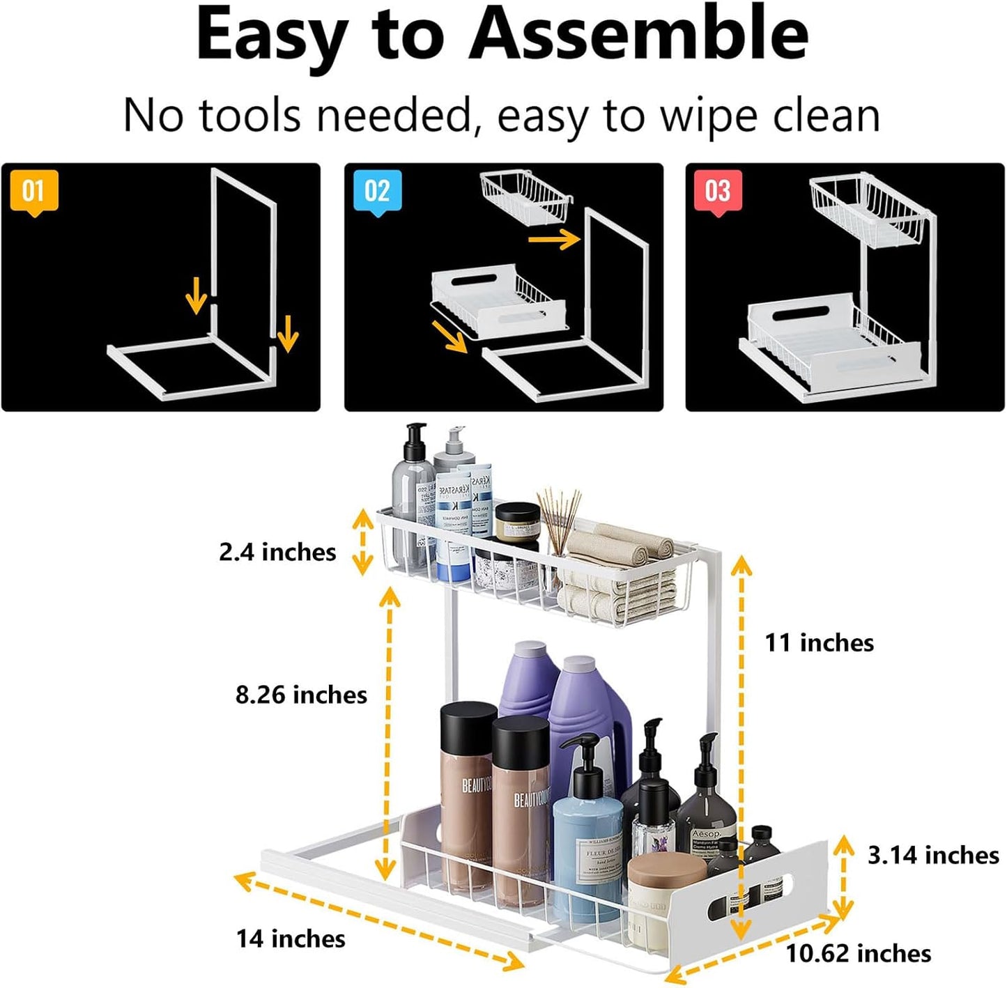Ceetug Slide Out Under Sink Organizers and Storage, Black, 1 Pack | 2 Tier, Sturdy Metal, Cabinet Organizer, for Kitchen Bathroom