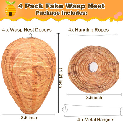 Fake Wasp Nest 4 Pack, Upgraded Waterproof Wasp Nest Decoy for Outdoor Hanging with Stainless Steel Frame, Realistic Artificial Hornet Nests for Patio, Porch, Eaves, Garden, House, Yellow