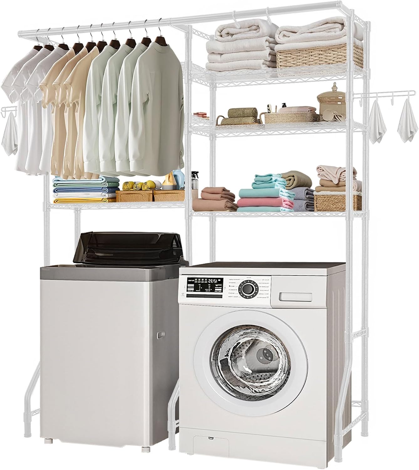 VEVOR Over Washer and Dryer Storage Shelves, 6 Tiers Laundry Room Drying Rack with Hanger Rod and Hooks, Two Rows Adjustable Washer Shelves Space Saver, for Laundry Room Storage & Organization, Black