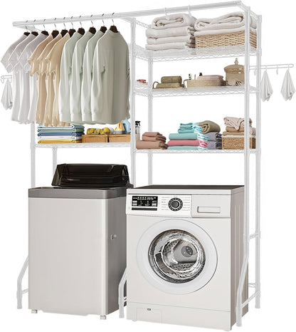 VEVOR Over Washer and Dryer Storage Shelves, 6 Tiers Laundry Room Drying Rack with Hanger Rod and Hooks, Two Rows Adjustable Washer Shelves Space Saver, for Laundry Room Storage & Organization, Black