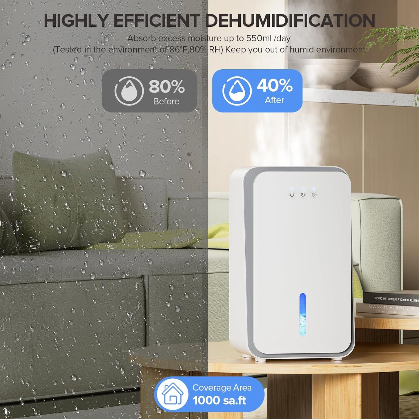 Dehumidifier for Home,1000 sq.ft Dehumidifier for Basement Bathroom Bedroom with Auto Shut Off, Built-in Aromatherapy Diffuser,7 Colors LED Light, Quiet Dehumidifiers with Sleep Mode(CS08-Cream)