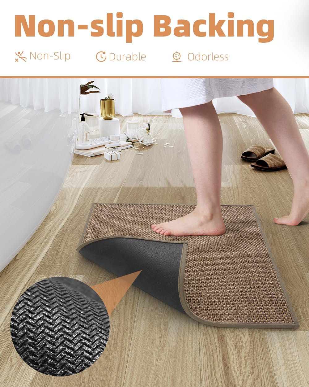 PADOOR Non-Slip Bath Mat With Rubber-Backing, Braided Absorbent Machine Washable Thin Rug for Bathroom Floor, Quick Dry, Fits Under Door, 17''x24'' Beige