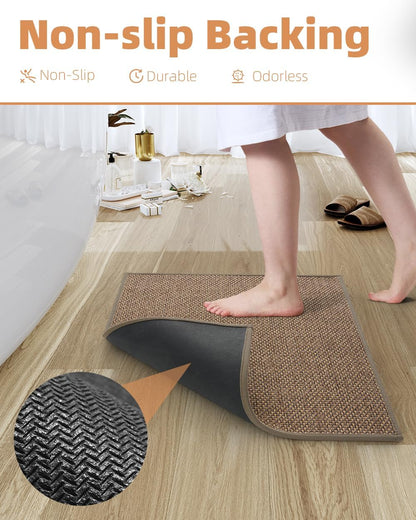 PADOOR Non-Slip Bath Mat With Rubber-Backing, Braided Absorbent Machine Washable Thin Rug for Bathroom Floor, Quick Dry, Fits Under Door, 17''x24'' Beige