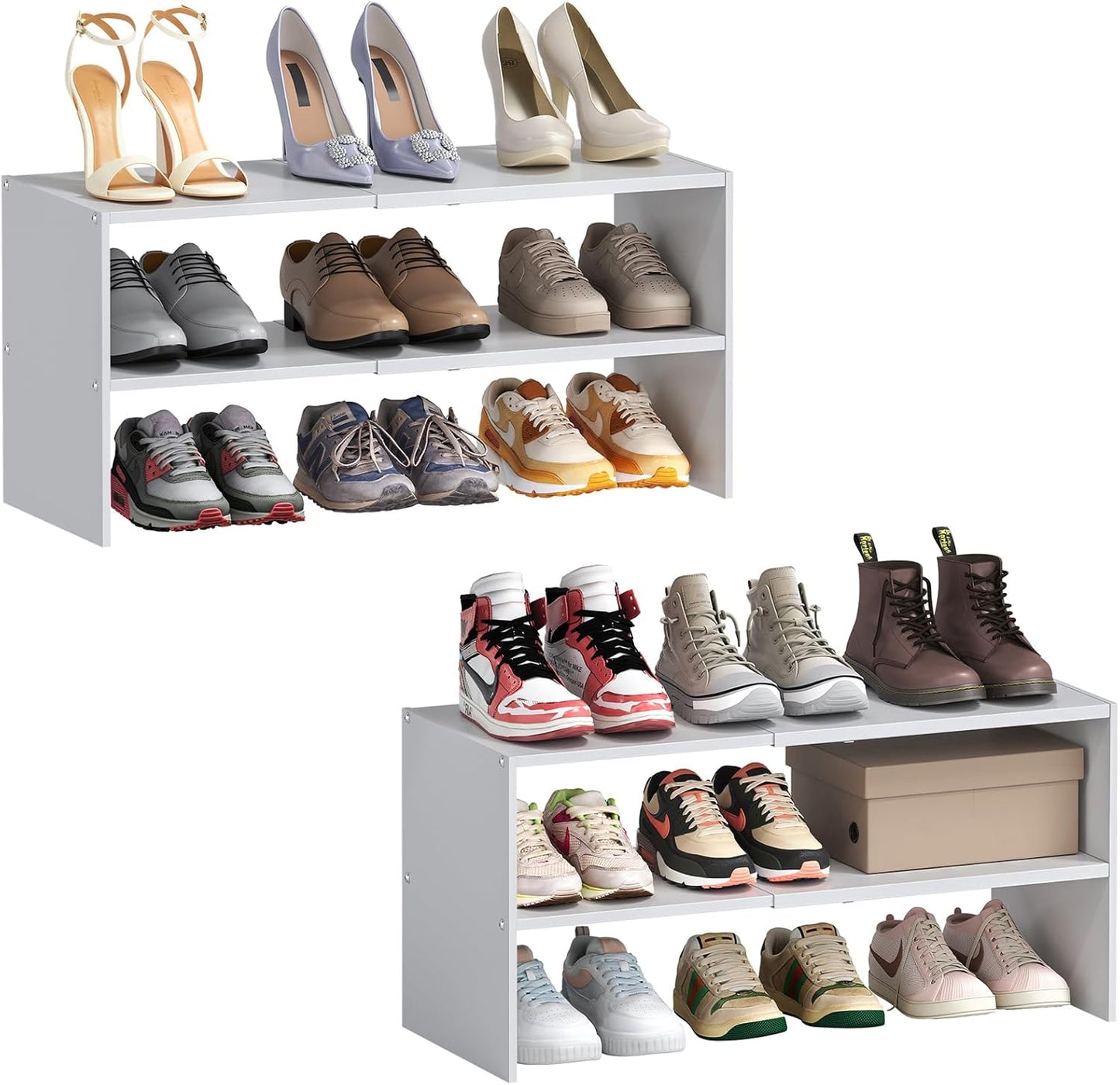 2-Tier Expandable White Shoe Rack Organizer for Closet, Stackable Shoe Rack Storage Shelf, Small Iron Wood Combination Shoe Shelves for Closets,Entryway,Front Door, Narrow Space,Hallway,6-12 Pairs