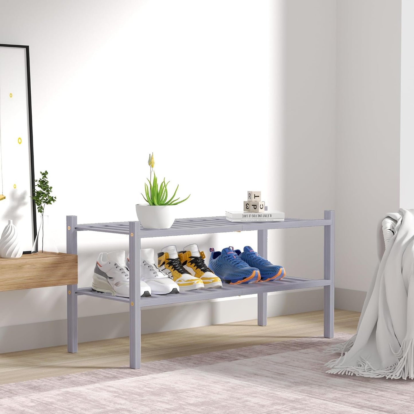 ROMGUAR CRAFT 3 Tier Bamboo Shoe Rack for Closet Free Standing Wood Shoe Shelf Storage Organizer for Entryway Small Space Stackable 27"x11"x20" (Natural)