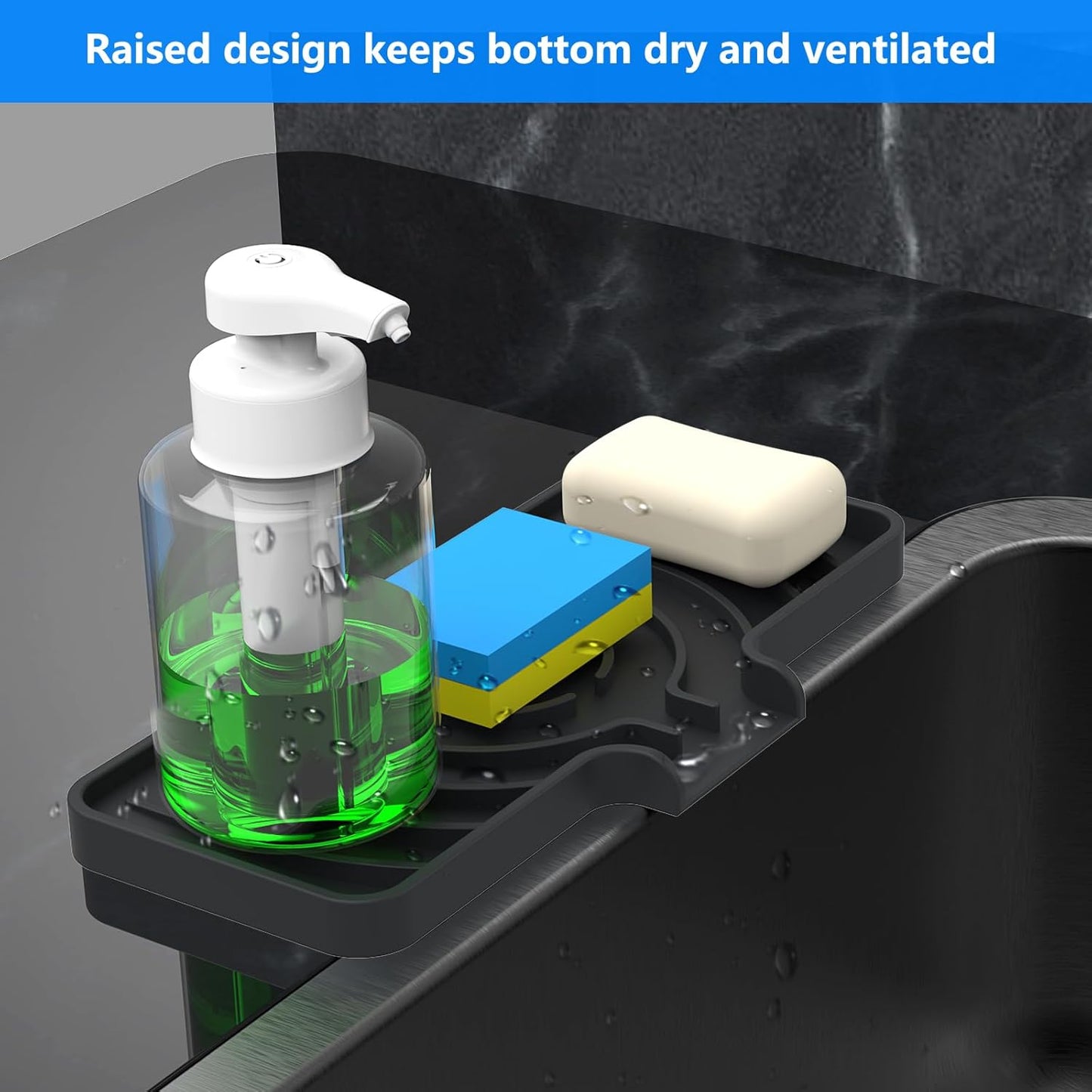 Sponge Holder for Kitchen Sink, Dish Sponge Holder & Soap Tray with Drain, Bathroom Sink Sponge Drying Rack & Perfect Organizer for Dispenser,Bottle,Cup on Sinks or Counter(8"x 4"Gray)