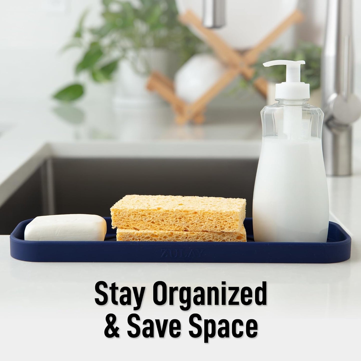 Zulay Kitchen (9x3.5in) Sponge Holder for Kitchen Sink - Flexible Heavy-Duty Multipurpose Sink Caddy - Counter Organizer for Kitchen, Bathroom, Makeup, Trinkets & More! (Grey)