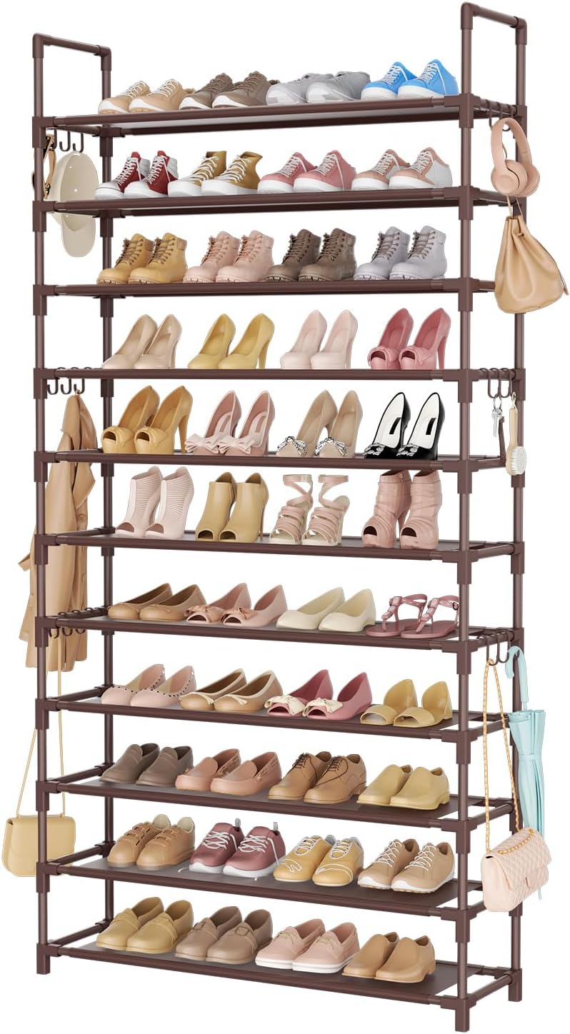 LANTEFUL 10 Tiers Shoe Rack 50 Pairs Large Capacity Tall Shoe Organizer Sturdy Shoe Storage with Two Hooks Space Saving Metal Wide Shoe Rack for Closet, Entryway, Bedroom, Black
