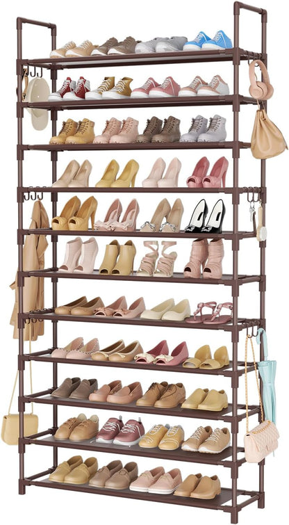 LANTEFUL 10 Tiers Shoe Rack 50 Pairs Large Capacity Tall Shoe Organizer Sturdy Shoe Storage with Two Hooks Space Saving Metal Wide Shoe Rack for Closet, Entryway, Bedroom, Black