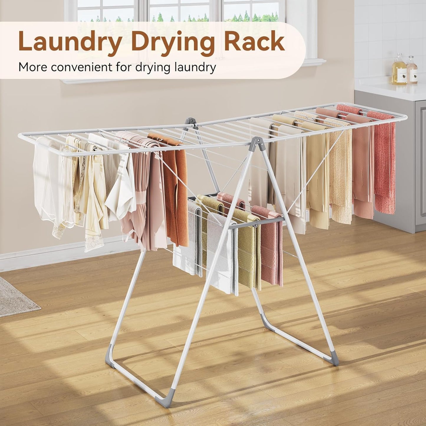 APEXCHASER Clothes Drying Rack, Foldable Drying Rack Clothing, Sturdy Metal Laundry Drying Rack, Height-Adjustable Gullwing, Easy to Fold, Space-Saving, for Indoor Outdoor, White