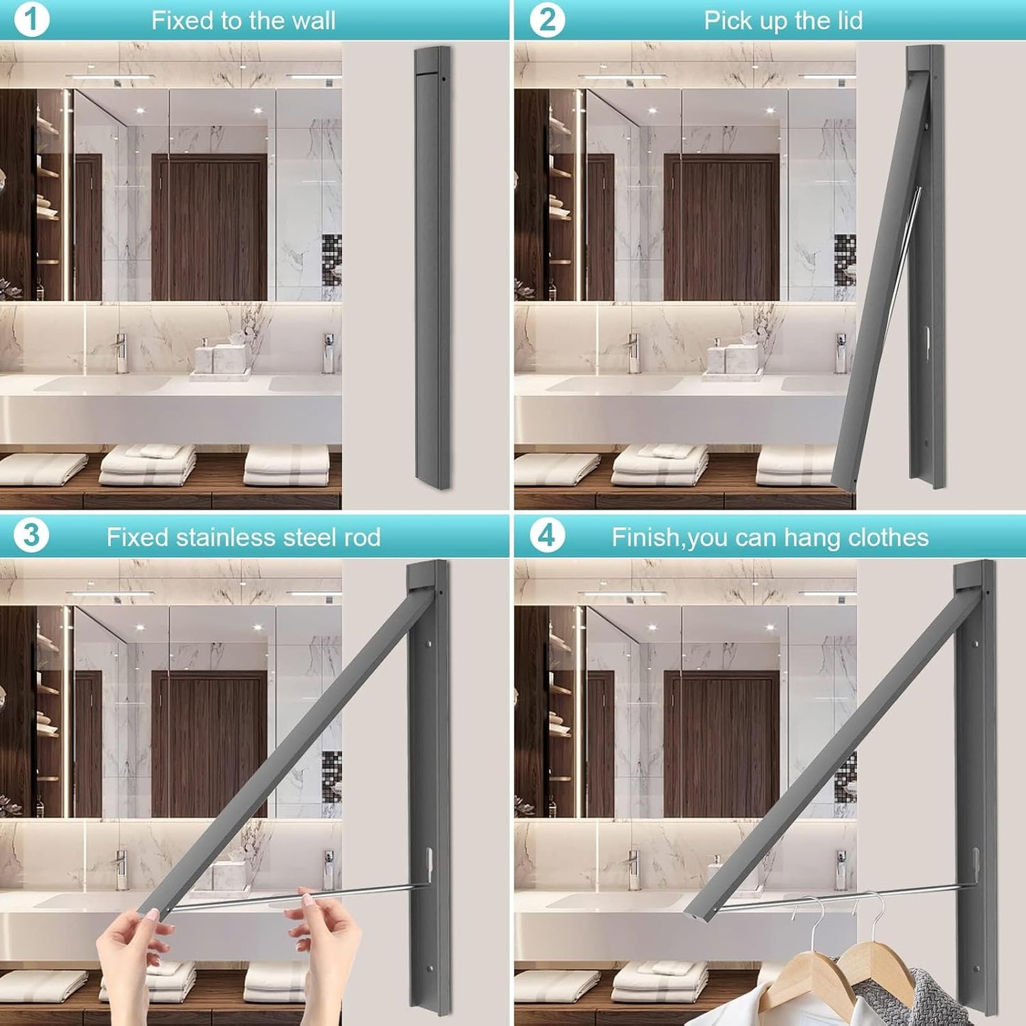 No Drill Wall Mounted Drying Rack 65 lb Aluminum, White | Wall rack folds flat to 0.39 inch. Holds 8-11 shirts. Pearl white finish for apartment, bathroom, RV, dorm.