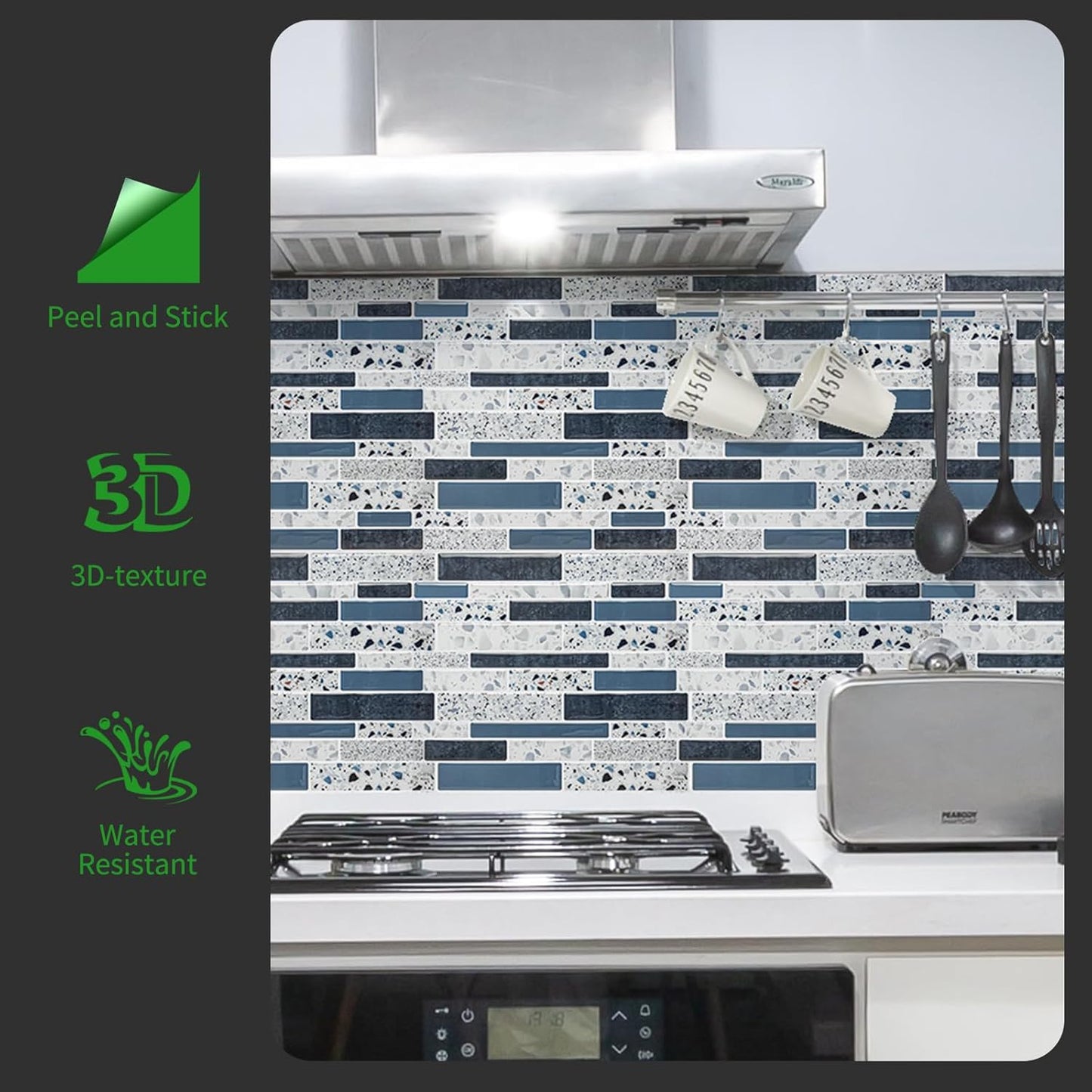 LONGKING Self-Adhesive Kitchen Backsplash, Marble Look Decorative Tiles (10 Tiles)