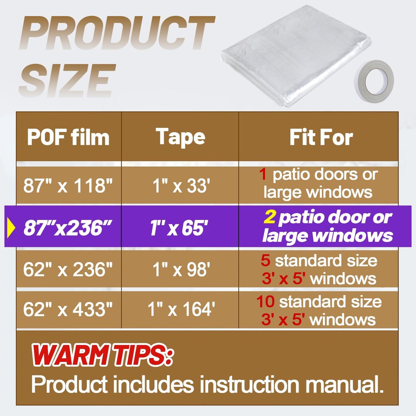 87×118in Patio Door Window Insulation Kit for Winter- Thicken Indoor Large Window Plastic for Winterizing, Clear Window Covering Shrink Film with Double-Side Tape to Keep Cold Out