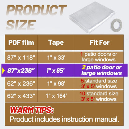 87×118in Patio Door Window Insulation Kit for Winter- Thicken Indoor Large Window Plastic for Winterizing, Clear Window Covering Shrink Film with Double-Side Tape to Keep Cold Out