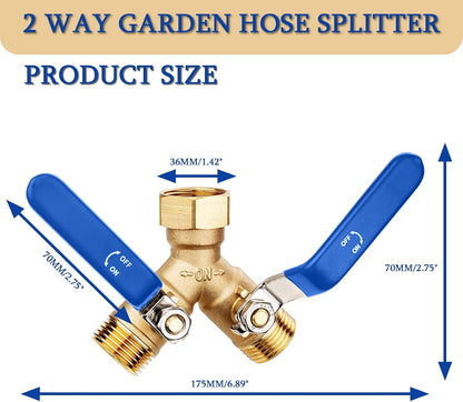 Garden Water Hose Splitter - RV Water Splitter 2 Way Heavy Duty Brass Spigot Hose Splitter - Outdoor Y Hose Bib 2 Valves with 2 Extra Rubber Washers for 3/4" Hose Connector (Blue)