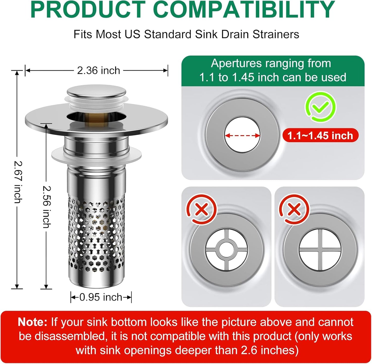 Bathroom Sink Drain Strainer,Universal Pop-Up Sink Stopper Hair Catcher, Anti-Clog Stainless Steel Drain Filter Basket, Removable Sink Drain for Bathroom Sink Stopper (Ysilver-2（with Buckle）)