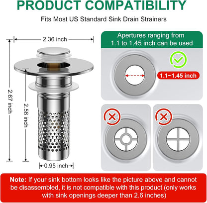 Bathroom Sink Drain Strainer,Universal Pop-Up Sink Stopper Hair Catcher, Anti-Clog Stainless Steel Drain Filter Basket, Removable Sink Drain for Bathroom Sink Stopper (Ysilver-2（with Buckle）)