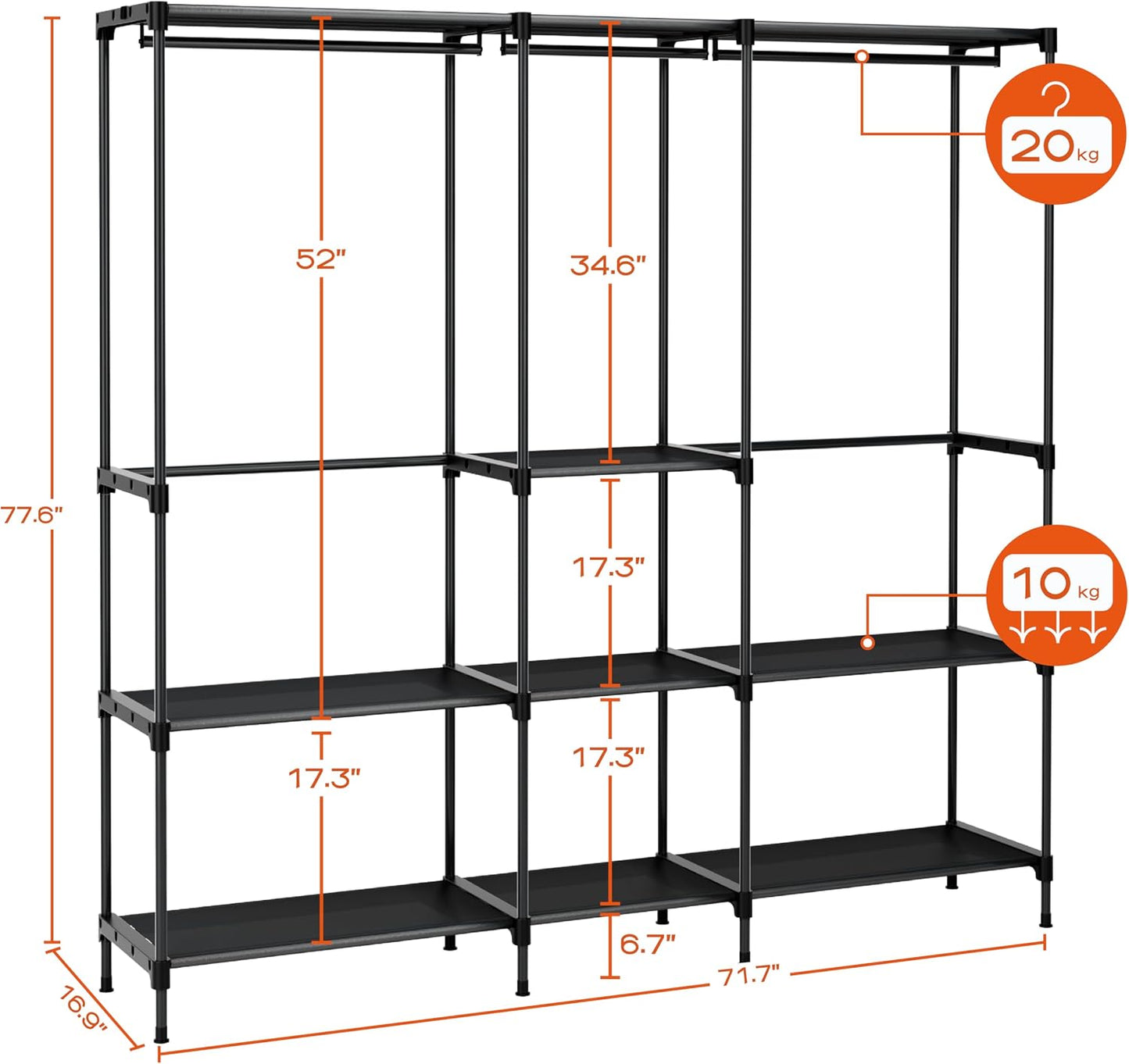 CASAMAYA Clothes Rack, Portable Closet, 80.7 Inch Extra Large Capacity Wardrobe Closet, Clothes Storage Organizer with Shelves and 5 Hanging Rods, Easy to Assembly, Black PCT036B01