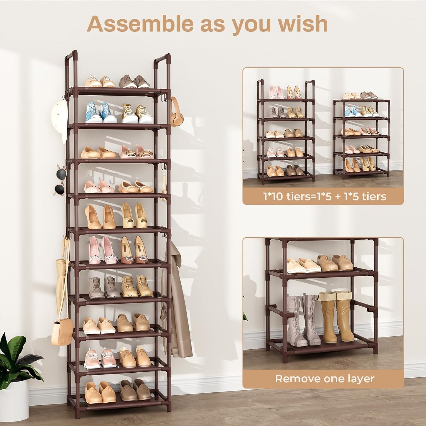 VTRIN 10 Tiers Tall Shoe Rack Holds 20-25 Pairs of Shoes Sturdy Vertical Shoe Organizer with 18pcs Hooks Stackable Narrow Shoe Rack for Closet, Entryway Black
