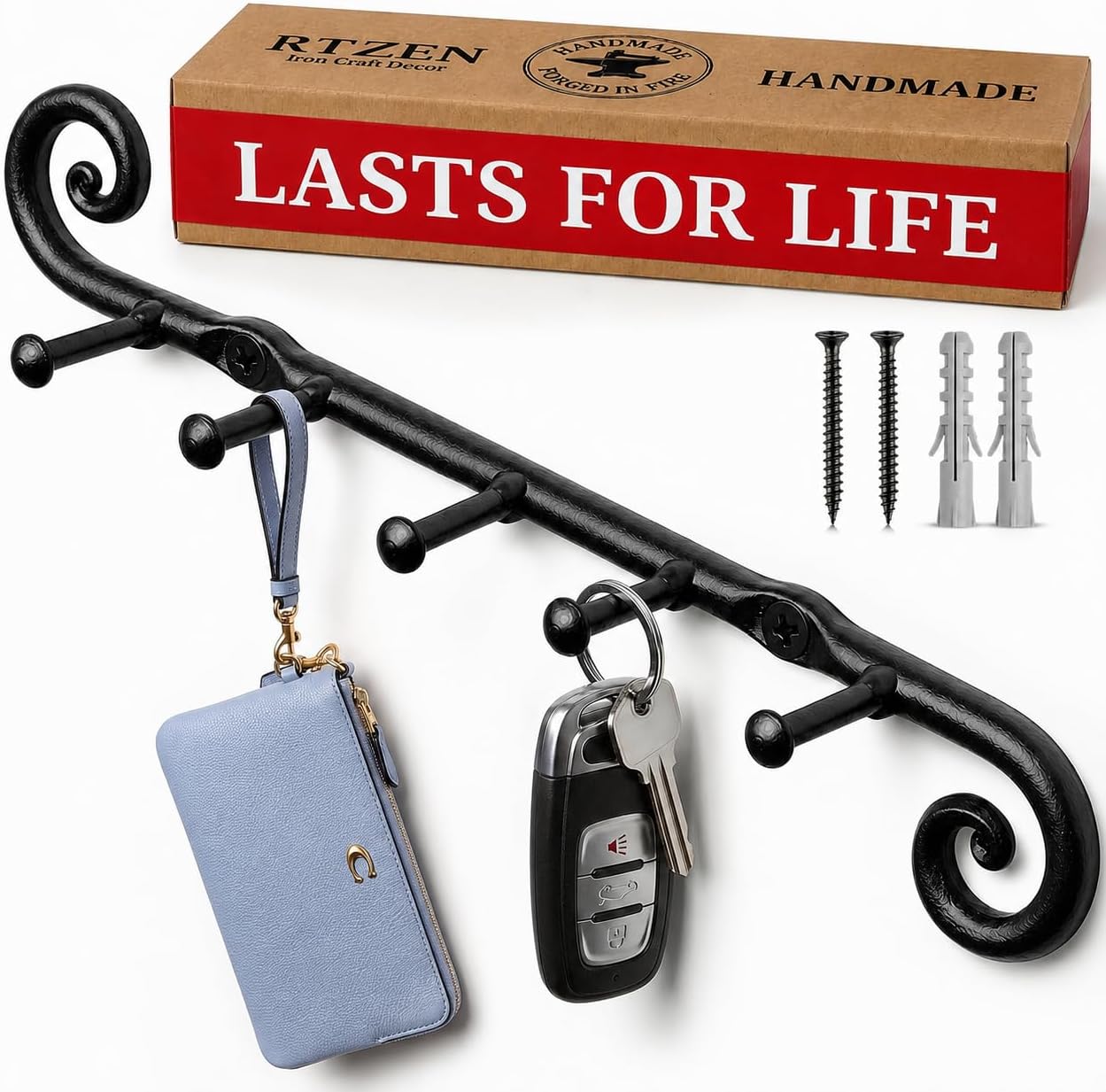 RTZEN Farmhouse Small Key Holder for Wall - Handcrafted Swirl Decorative 5 Key Hooks for Home Entryway - Wrought Iron Wall Mount Rack Purse Coat and Leash Holder or Organizer (Classic Black)