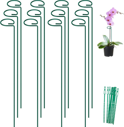 FEED GARDEN 16 Inch 12 Pack Plant Support Stakes, Metal Garden Flower Stakes and Supports for Outdoor Plants, Plant Stem Support with 24 Twist Ties for Amaryllis Lily Rose Peony Tomatoes Gladiolus