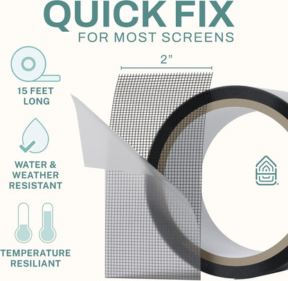 Home Intuition 2" x 15 Feet Premium Screen Repair Tape Roll for Window, Door, Patio, Pool Screens – Waterproof Fiberglass Mesh Adhesive Roll – Easy Fix for Screen Tears, Holes – Durable Screen Patch